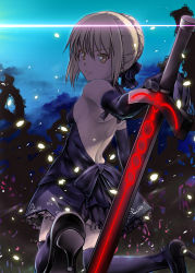 Rule 34 | artoria pendragon (all), artoria pendragon (fate), blonde hair, breasts, dress, elbow gloves, excalibur morgan (fate), fate/stay night, fate (series), gloves, high heels, kneeling, looking at viewer, looking back, saber (fate), saber alter, sideboob, small breasts, solo, thighhighs, tsuyadashi shuuji, yellow eyes