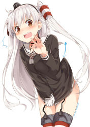 Rule 34 | 10s, 1girl, ^^^, amatsukaze (kancolle), arrow (symbol), blush, brown eyes, choker, clothes pull, covering privates, covering crotch, dated, garter straps, gloves, kantai collection, long hair, looking at viewer, no panties, open mouth, sasahara wakaba, school uniform, serafuku, silver hair, simple background, single glove, solo, thighhighs, twitter username, white background, white gloves