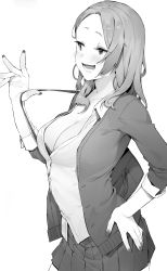 Rule 34 | 1girl, bag, blush, bra, breasts, cleavage, collared shirt, dress shirt, greyscale, hand on own hip, highres, jacket, kotoribako, large breasts, long hair, miniskirt, monochrome, nail polish, open clothes, open jacket, open mouth, original, partially unbuttoned, pleated skirt, school bag, school uniform, shirt, skirt, sleeves rolled up, underwear, untucked shirt, white background