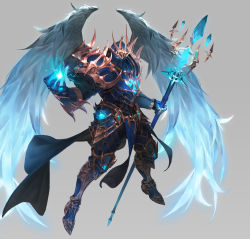 Rule 34 | 1boy, absurdres, armor, armored boots, blue armor, blue eyes, boots, daeho cha, faulds, feathered wings, full body, gauntlets, glowing, grey background, grey wings, hand up, helm, helmet, highres, holding, holding staff, looking at viewer, magic, male focus, mu origin, official art, one eye covered, shoulder armor, simple background, solo, staff, thigh boots, wings