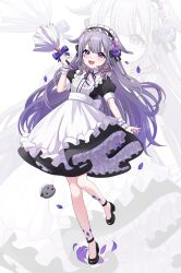Rule 34 | 1girl, absurdres, alternate costume, apron, black dress, black footwear, collar, commentary, crystal, dress, duster, english commentary, enmaided, flower, frills, full body, gem, gradient hair, grey hair, hair flower, hair ornament, highres, holding, holding duster, hololive, hololive english, koseki bijou, layered dress, long hair, looking at viewer, maid, maid apron, maid headdress, multicolored hair, noraneco117, open mouth, pebble (koseki bijou), petals, puffy short sleeves, puffy sleeves, purple eyes, purple gemstone, purple hair, purple petals, short sleeves, smile, solo, standing, standing on one leg, virtual youtuber, white apron, wrist cuffs, zoom layer