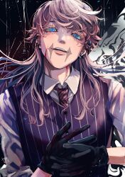 Rule 34 | 1boy, absurdres, black gloves, blood, blood on face, blood on neck, blue eyes, buttons, collared shirt, ear piercing, eyelashes, formal, gloves, hand on hand, head back, highres, hiyotterupin, light blush, light smile, looking at viewer, looking down, male focus, medium hair, necktie, piercing, pink hair, purple vest, red necktie, scar, scar on face, shirt, sleeves rolled up, solo, striped clothes, suit, teeth, tokyo revengers, upper body, upper teeth only, vest, white shirt, wolf cut