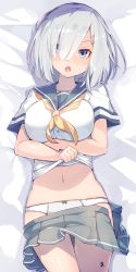 Rule 34 | 1girl, blue eyes, blue skirt, blush, breasts, collarbone, hair ornament, hair over one eye, hairclip, hamakaze (kancolle), highres, kantai collection, large breasts, looking at viewer, lying, meth (emethmeth), navel, on back, on bed, open mouth, panties, pleated skirt, school uniform, serafuku, short hair, short sleeves, signature, silver hair, skirt, solo, underwear, upper body, white panties