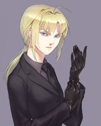 Rule 34 | 1girl, ahoge, artoria pendragon (all), artoria pendragon (fate), bad id, bad pixiv id, black gloves, blue eyes, butcher shop, fate/zero, fate (series), formal, gloves, long hair, necktie, pant suit, pants, ponytail, saber (fate), simple background, solo, suit