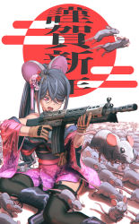 Rule 34 | 1girl, animal, animal ear fluff, animal ears, bad id, bad pixiv id, black footwear, black hair, black thighhighs, boots, brown gloves, chinese zodiac, commentary request, cross-laced footwear, eyebrows hidden by hair, fang, finger on trigger, floral print, flower, garter straps, gloves, gun, hair flower, hair ornament, hair over one eye, high ponytail, highres, hironii (hirofactory), holding, holding gun, holding weapon, japanese clothes, kimono, lace-up boots, long hair, long sleeves, looking away, mouse (animal), mouse ears, obi, off shoulder, open mouth, original, pink flower, ponytail, print kimono, red eyes, red flower, red kimono, sash, solo, thighhighs, thighhighs under boots, very long hair, weapon, weapon request, white flower, wide sleeves, year of the rat