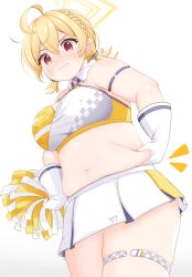 Rule 34 | 1girl, ?, ahoge, armlet, belly grab, blonde hair, blue archive, blush, braid, breasts, closed mouth, commentary request, cowboy shot, dot nose, gloves, hair between eyes, halo, highres, holding, kotori (blue archive), kotori (cheer squad) (blue archive), large breasts, medium breasts, midriff, millennium cheerleader outfit (blue archive), miniskirt, muffin top, navel, notice lines, pleated skirt, plump, pom pom (cheerleading), red eyes, short twintails, simple background, skirt, solo, sweatdrop, thick arms, thick thighs, thighlet, thighs, triangle halo, twintails, white background, white gloves, white skirt, wing collar, yellow halo, yutagami
