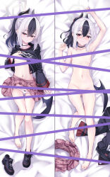 Rule 34 | 1girl, arm up, barefoot, bed sheet, black choker, black footwear, black hair, black hoodie, black wings, blue archive, blush, bow, bow panties, breasts, censored, choker, closed mouth, clothes lift, collarbone, commentary request, dakimakura (medium), gluteal fold, groin, hair between eyes, halo, hand up, highres, hitsujibane shinobu, hood, hoodie, hoodie lift, kayoko (blue archive), lifted by self, long sleeves, low wings, mole, mole on collarbone, multicolored hair, multiple views, navel, nude, panties, panty pull, pink skirt, plaid, plaid skirt, pleated skirt, red eyes, shoes, sidelocks, single wing, skirt, skirt lift, sleeves past wrists, small breasts, smile, two-tone hair, underwear, unworn skirt, white hair, white panties, wide sleeves, wings