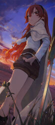 Rule 34 | 1girl, absurdres, back, bingwei huang, black socks, blue sky, cape, cloud, eris greyrat, grass, hairband, hand on own hip, highres, long hair, looking at viewer, mushoku tensei, outdoors, pointing, red eyes, red hair, shorts, sky, socks, solo, sword, weapon