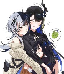 Rule 34 | 3girls, asymmetrical horns, black hair, blue hair, blush, breasts, child, closed eyes, colored inner hair, demon horns, family, highres, hololive, hololive english, horns, hug, if they mated, jewelry, long hair, medium breasts, mole, mole under eye, mother and daughter, multicolored hair, multiple girls, nerissa ravencroft, ring, shiori novella, virtual youtuber, wedding ring, wife and wife, yellow eyes, yomosaka, yuri