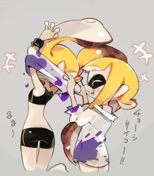 Rule 34 | 2girls, amiami, arms up, ass, bike shorts, black shorts, closed eyes, domino mask, dressing, female focus, grey background, inkling player character, japanese text, long hair, mask, multiple girls, nintendo, open mouth, orange hair, pointy ears, shirt, shorts, simple background, single vertical stripe, smile, splatoon (series), standing, tentacle hair, translation request