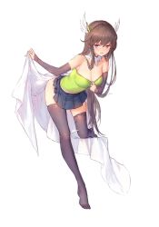 Rule 34 | 1girl, arm warmers, bare shoulders, black thighhighs, blanket, blue skirt, breasts, brown hair, cleavage, detached collar, full body, green shirt, headdress, highres, large breasts, leaning forward, long hair, looking at viewer, midriff peek, miniskirt, no shoes, open mouth, panties, panty pull, pleated skirt, purple eyes, shirt, sidelocks, signature, simple background, skindentation, skirt, sleeveless, sleeveless shirt, solo, strapless, swd3e2, thighhighs, underwear, venus blood, very long hair, white background, white panties