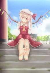Rule 34 | 1girl, ascot, bad id, bad pixiv id, bare legs, barefoot, blue sky, blush, bow, breasts, cloud, day, erio patrol, feet, feet together, female focus, flandre scarlet, foot focus, foreshortening, hat, hat bow, head tilt, highres, medium breasts, outdoors, red eyes, short hair, shrine, side ponytail, sitting, sitting on stairs, skirt, skirt set, sky, smile, soles, solo, stairs, toes, torii, touhou, tree, wings