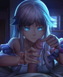 Rule 34 | 1boy, 1girl, absurdres, aged up, alternate breast size, backlighting, bad id, bad pixiv id, blue eyes, bow, breasts, cipozhong yundepeitela, closed mouth, collarbone, colored eyelashes, highres, index (toaru majutsu no index), large breasts, long hair, looking at viewer, night, off-shoulder shirt, off shoulder, orange bow, penis, pov, shirt, silver hair, smile, toaru majutsu no index, uncensored, very long hair, white shirt, wrist bow