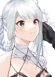 Rule 34 | 1girl, absurdres, asymmetrical hair, babydoll, bandaged arm, bandaged leg, bandages, black gloves, blush, braid, caress, closed mouth, flower, gloves, hair flower, hair ornament, hand on another&#039;s head, highres, hinakano h, kaine (nier), lingerie, long hair, looking up, lunar tear, negligee, nier, nier (series), simple background, single braid, solo, sweatdrop, underwear, weapon, white background, white hair, yellow eyes