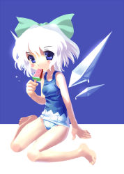 Rule 34 | 1girl, adapted costume, arm support, barefoot, blue hair, blush stickers, bow, cirno, feet, food, full body, hair bow, katahira masashi, one-piece swimsuit, popsicle, school swimsuit, short hair, sitting, solo, swimsuit, touhou, wariza, watermelon bar, white hair, wings