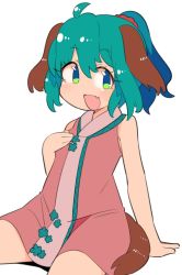 Rule 34 | 1girl, ahoge, alternate hairstyle, animal ears, arm support, bare shoulders, commentary, cowboy shot, dress, fang, green eyes, green hair, hand on own chest, hand up, highres, ini (inunabe00), kasodani kyouko, looking at viewer, open mouth, pink dress, ponytail, short hair, simple background, sitting, skin fang, sleeveless, sleeveless dress, smile, solo, tail, touhou, white background
