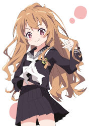 Rule 34 | 1girl, absurdres, aisaka taiga, black shirt, black skirt, blush, brown hair, closed mouth, commentary request, hand in own hair, hand up, he shan123, highres, ixy, long hair, long sleeves, looking at viewer, midriff, navel, neckerchief, oohashi high school uniform, pleated skirt, red eyes, sailor collar, school uniform, shirt, simple background, skirt, smile, solo, toradora!, white neckerchief