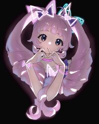 Rule 34 | 1girl, absurdres, aozora himari, black background, blue eyes, blunt bangs, bone oyasumi, bow, bracelet, commentary request, cropped torso, drill hair, glowing clothes, hair bow, hands up, highres, himitsu no aipri, jewelry, long hair, looking at viewer, pink hair, pretty series, purple bow, solo, twin drills, twintails