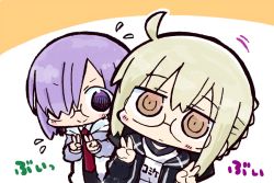 Rule 34 | &gt;:), 2girls, artoria pendragon (fate), black dress, black jacket, blush stickers, braid, brown eyes, closed mouth, commentary request, double v, dress, fate/grand order, fate (series), flying sweatdrops, glasses, gym shirt, hair between eyes, hair over one eye, hood, hood down, hooded jacket, jacket, kasuga yuuki, light brown hair, mash kyrielight, multiple girls, mysterious heroine x alter (fate), mysterious heroine x alter (second ascension) (fate), necktie, open clothes, open jacket, orange background, purple eyes, purple hair, red neckwear, shirt, sidelocks, smile, two-tone background, v, v-shaped eyebrows, white background, white jacket, white shirt