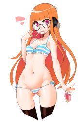 Rule 34 | 10s, 1girl, bra, breasts, candy, cowboy shot, eyebrows, food, frills, glasses, groin, halphelt, headphones, long hair, looking at viewer, navel, orange hair, panties, persona, persona 5, pocky, purple eyes, sakura futaba, simple background, small breasts, solo, standing, stomach, striped clothes, striped panties, thighhighs, underwear