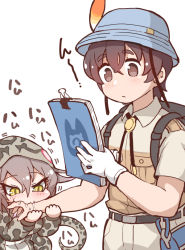 Rule 34 | 1boy, 1girl, backpack, bag, biting arm, brown eyes, brown hair, bucket hat, captain (kemono friends), collared shirt, commentary request, gloves, hat, hat feather, hood, hoodie, kemono friends, kemono friends 3, khakis, long sleeves, neckwear request, notebook, okinawa habu (kemono friends), print hoodie, shirt, short hair, short sleeves, single glove, snake print, snake tail, tail, tanaka kusao, translation request, uniform, white gloves, yellow eyes