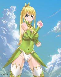 Rule 34 | 1girl, absurdres, bare shoulders, blonde hair, blush, breasts, brown eyes, cleavage, covered navel, cowboy shot, detached sleeves, fairy tail, frown, gaston18, hair between eyes, highres, large breasts, leotard, long hair, lucy heartfilia, ponytail, solo, standing, thighhighs
