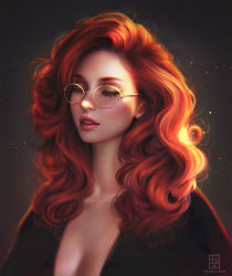 Rule 34 | 1girl, artist name, backlighting, breasts, cleavage, commentary, curly hair, english commentary, eyebrows, eyelashes, closed eyes, forehead, glasses, kagami miyazaki ishikawa, lips, lipstick, long hair, makeup, medium breasts, nose, original, parted lips, pink lips, realistic, red hair, serafleur, signature, solo, upper body, wavy hair, yellow-framed eyewear