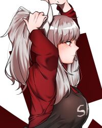 Rule 34 | 1girl, apron, bad id, bad pixiv id, demon girl, demon horns, grey hair, hair tie in mouth, hand in own hair, helltaker, holding, holding hair, horns, looking to the side, lucifer (helltaker), mouth hold, official alternate hairstyle, pengrani, ponytail, red shirt, shirt, tying hair, white horns