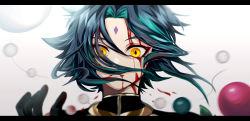 Rule 34 | 1boy, bead necklace, beads, black gloves, black hair, blood, blood from mouth, blood on face, closed mouth, diamond-shaped pupils, diamond (shape), facial mark, forehead mark, genshin impact, gloves, green hair, highres, jewelry, long hair, looking at viewer, male focus, multicolored hair, necklace, parted bangs, rvve, simple background, slit pupils, solo, symbol-shaped pupils, white background, wide-eyed, xiao (genshin impact), yellow eyes