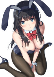 Rule 34 | 1girl, animal ears, bare arms, bare shoulders, between legs, black hair, black pantyhose, blue eyes, blue footwear, blue leotard, blush, bow, bowtie, breasts, cleavage, collar, detached collar, fake animal ears, fake tail, from above, full body, hairband, hand between legs, high heels, highres, large breasts, leotard, long hair, looking at viewer, looking up, mole, mole on breast, original, pantyhose, playboy bunny, rabbit ears, rabbit tail, red bow, red bowtie, shiny clothes, shiny footwear, simple background, sitting, solo, tail, unasaka ryou, wariza, white background, white collar, white wrist cuffs, wrist cuffs