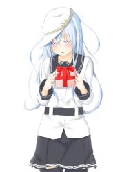 Rule 34 | 10s, 1girl, blue eyes, blue hair, blush, box, commentary request, gift, gift box, hair between eyes, hat, hibiki (kancolle), highres, holding, holding gift, kantai collection, long hair, looking up, matching hair/eyes, miniskirt, niwatazumi, open mouth, school uniform, serafuku, simple background, skirt, solo, thighhighs, verniy (kancolle)