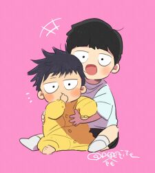 Rule 34 | 2boys, aged down, baby, black eyes, black hair, blush, brothers, child, closed mouth, commentary request, full body, highres, kageyama ritsu, kageyama shigeo, long sleeves, looking at viewer, male focus, mob psycho 100, multiple boys, open mouth, pepepezite, pink background, short hair, short sleeves, siblings, simple background, sitting, smile, twitter username