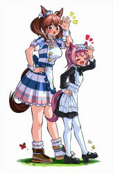 Rule 34 | 2girls, :d, ^ ^, alternate costume, animal ears, appleq, black footwear, blush stickers, brown eyes, brown hair, character request, closed eyes, commentary request, ear covers, enmaided, closed eyes, facing viewer, full body, hair bobbles, hair ornament, hand on own hip, hand up, haru urara (umamusume), highres, horse ears, horse girl, horse tail, long sleeves, looking at viewer, maid, maid headdress, multiple girls, open mouth, pantyhose, pink hair, ponytail, puffy short sleeves, puffy sleeves, shoes, short sleeves, simple background, smile, tail, twintails, umamusume, white background, white legwear, wrist cuffs