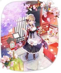 Rule 34 | 1girl, :d, apron, azur lane, blonde hair, blurry, boots, breasts, cherry blossoms, cross, flower, food, frilled apron, frills, full body, hair between eyes, highres, holding, iron cross, japanese clothes, kimono, long sleeves, looking at viewer, maid, maid apron, maid headdress, medium breasts, official alternate costume, official art, oil-paper umbrella, open mouth, pavement, pink flower, pitcher (container), purple eyes, sakura koharu, short hair, smile, solo, standing, table, transparent background, tray, umbrella, wa maid, wide sleeves, z23 (azur lane), z23 (cafe trainee @new base) (azur lane)