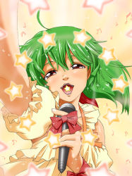 Rule 34 | 00s, 1girl, ahoge, beamed quavers, blush, bow, face, foreshortening, green hair, holding, macross, macross frontier, microphone, musical note, naruse, notes, open mouth, quaver, ranka lee, red eyes, short hair, solo, star (symbol)