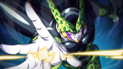 Rule 34 | 1boy, cell (dragon ball), closed mouth, colored skin, commentary request, dragon ball, dragonball z, energy beam, looking at viewer, male focus, perfect cell, pink eyes, rom (20), smile, solo, white skin
