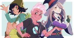 Rule 34 | 10s, 1boy, 2girls, backpack, bag, belt, bente, black hair, brown eyes, cake, colored skin, crossover, dress, food, hair over one eye, hat, janna ordonia, laramie barriga, little witch academia, long hair, looking at viewer, multiple crossover, multiple girls, pale skin, pink hair, pink skin, purple hair, red eyes, scar, scar across eye, scar on face, shirt, short hair, simple background, skirt, smile, spoilers, star vs the forces of evil, steven universe, sucy manbavaran, swiss roll, trait connection, witch, witch hat