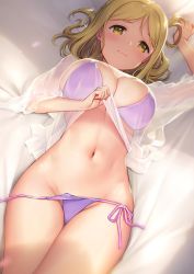 Rule 34 | 1girl, bed sheet, blonde hair, blouse, blouse lift, blush, breasts, cleavage, closed mouth, clothes lift, copyright request, groin, large breasts, lifted by self, long hair, looking at viewer, love live!, love live! sunshine!!, lying, mignon, navel, ohara mari, on back, panties, purple panties, see-through, sheet grab, shirt, shirt lift, side-tie panties, sidelocks, skindentation, smile, solo, stomach, tareme, thighs, underwear, white shirt, yellow eyes
