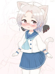 Rule 34 | 1girl, animal ears, blue neckerchief, blue sailor collar, blue skirt, brown eyes, cat ears, cat tail, cowboy shot, extra ears, glasses, gloves, grey hair, hat, highres, hirato (kancolle), kantai collection, koeda (koeda1kg), long sleeves, neckerchief, pleated skirt, sailor collar, sailor hat, school uniform, serafuku, short hair, skirt, solo, standing, tail, thighhighs, wavy hair, white gloves, white hat, white thighhighs, zoom layer