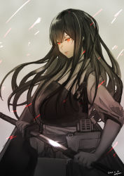 Rule 34 | 1girl, absurdres, akagi (kancolle), akagi kai ni (kancolle), attyon, dated, flight deck, grey background, greyscale, highres, holding, holding sword, holding weapon, japanese clothes, kantai collection, katana, lips, long hair, monochrome, muneate, parted lips, red eyes, rigging, sheath, signature, simple background, skirt, solo, spot color, sword, tasuki, weapon