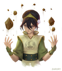 Rule 34 | 1girl, artist name, avatar legends, blind, brown hair, cowboy shot, cropped torso, expressionless, floating rock, green eyes, hair between eyes, hands up, highres, looking to the side, short hair, short sleeves, solo, toph bei fong, wide sleeves, zarory