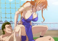 Rule 34 | 1girl, ;q, armpits, bare arms, bare legs, bare shoulders, blue dress, bracelet, grabbing another&#039;s breast, breasts, censored, cleavage, clothed sex, collarbone, dress, grabbing, grass, jewelry, kyabakurabakufu, large breasts, legs, long hair, looking away, lots of jewelry, lying, matching hair/eyes, nami (one piece), one eye closed, one piece, orange eyes, orange hair, outdoors, sex, shiny skin, smile, solo, tattoo, thighs, tongue, tongue out