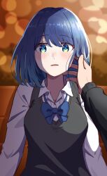 Rule 34 | 1girl, aqua eyes, black sweater vest, blue bow, blue bowtie, blue eyes, blue hair, blurry, blush, bokeh, bow, bowtie, collared shirt, depth of field, flustered, green eyes, hand in another&#039;s hair, hand on another&#039;s cheek, hand on another&#039;s face, highres, hyoe (hachiechi), kurokawa akane, long sleeves, looking at viewer, loose bowtie, medium hair, multicolored eyes, nose blush, on bench, oshi no ko, outdoors, parted lips, pov, pov hands, shirt, sitting, solo focus, sweater vest, swept bangs, upper body, white shirt