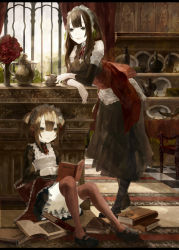 Rule 34 | 2girls, arm support, book, bouquet, brown eyes, brown hair, cup, dress, flower, green eyes, kunimura hakushi, leaning forward, legs, lips, long hair, maid, maid headdress, mary janes, multiple girls, original, pale skin, rose, shoes, sitting, smile, teacup, teapot
