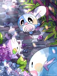 Rule 34 | :d, animal focus, blue flower, blue skin, colored skin, commentary request, creatures (company), flower, game freak, gen 1 pokemon, gen 2 pokemon, gen 6 pokemon, goomy, grass, hanabusaoekaki, highres, nintendo, no humans, open mouth, pokemon, pokemon (creature), poliwag, purple flower, purple skin, road, smile, solid oval eyes, tail, wet floor, wooper