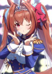 Rule 34 | 1girl, animal ears, ass, blowing kiss, blue jacket, blurry, blurry background, blush, bokeh, bow, bowtie, breasts, brown hair, buttons, center frills, collared shirt, daiwa scarlet (umamusume), depth of field, double-breasted, epaulettes, framed breasts, frills, hair intakes, hands up, highres, horse ears, jacket, large breasts, long sleeves, looking at viewer, nonono (1399900), one eye closed, puckered lips, red eyes, shirt, solo, tiara, twintails, umamusume, umapyoi densetsu, upper body, white shirt