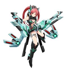Rule 34 | 1girl, animal ears, armor, armored boots, belt, boots, breasts, cat ears, cleavage, cosmic break, full body, magnetic weapon, mecha musume, mialy, morizo cs, official art, panties, railgun, red eyes, red hair, solo, transparent background, twintails, underwear, weapon