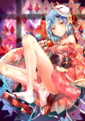 Rule 34 | 1girl, artist name, ass, bare legs, bare shoulders, blue hair, blush, candy apple, clothes between thighs, collarbone, commentary request, dated, floral print, food, fox mask, from side, full body, hair ribbon, highres, holding, holding food, japanese clothes, kimono, knee up, mask, mask on head, no headwear, obi, off shoulder, pointy ears, red eyes, red footwear, red kimono, red ribbon, remilia scarlet, ribbon, sakusyo, sandals, sash, shiny skin, short hair, short kimono, signature, socks, solo, thighs, touhou, white socks