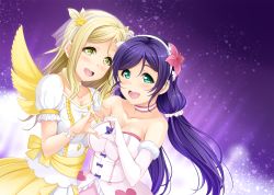 Rule 34 | 2girls, :d, birthday, blush, bokutachi wa hitotsu no hikari, breasts, choker, cleavage, collarbone, hair ornament, heart, heart background, heart hands, heart hands duo, hino minato (spec.c), in-franchise crossover, large breasts, looking at viewer, love live!, love live! school idol project, love live! sunshine!!, multiple girls, ohara mari, open mouth, smile, swept bangs, tareme, tojo nozomi, upper body