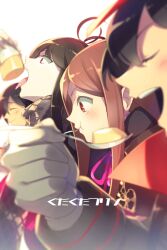 Rule 34 | 1boy, 3girls, black hair, black hat, black jacket, black scarf, black shirt, brown eyes, brown hair, cape, chacha (fate), closed eyes, eating, echo (circa), fate/grand order, fate (series), food, gloves, hat, jacket, koha-ace, long hair, long sleeves, multiple girls, oda nobunaga (fate), open mouth, oryou (fate), parted bangs, peaked cap, popped collar, pudding, red cape, red eyes, sakamoto ryouma (fate), scarf, shirt, smile, spoon, tongue, tongue out, translation request, very long hair, white gloves